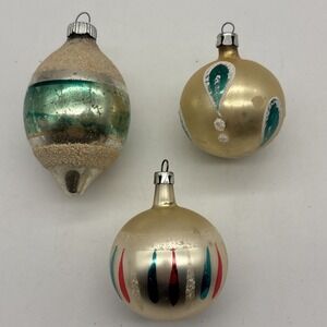 3- Vintage mercury glass ornament teardrop round texture Snow cap Poland